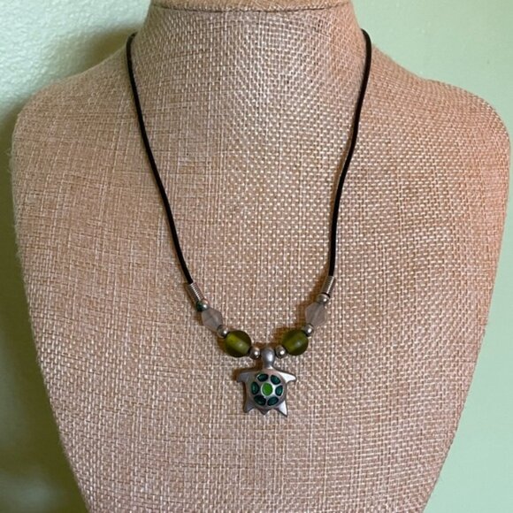 Silver and Green Turtle Pendant Necklace - Picture 1 of 7